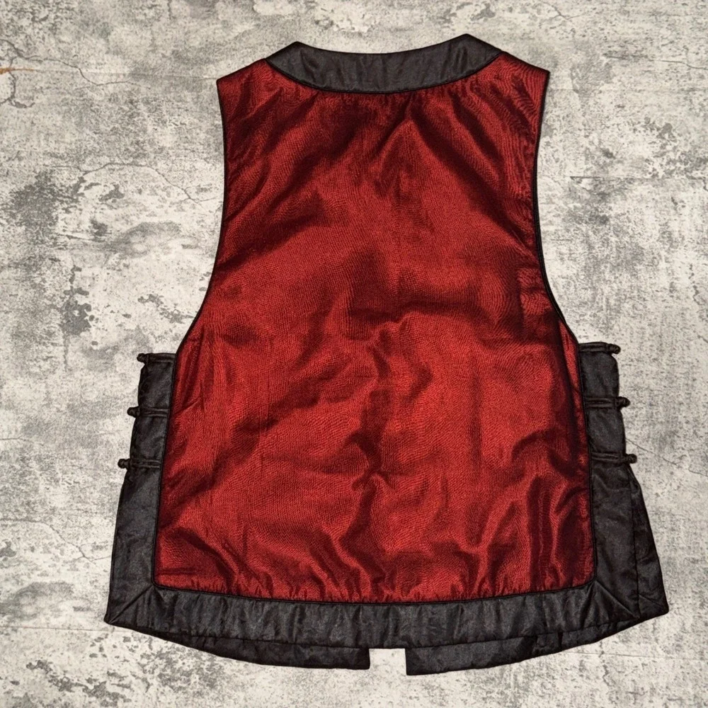 Vintage Traditional Chinese Vest‎ XL Red Black Frog Button Graphic Print
